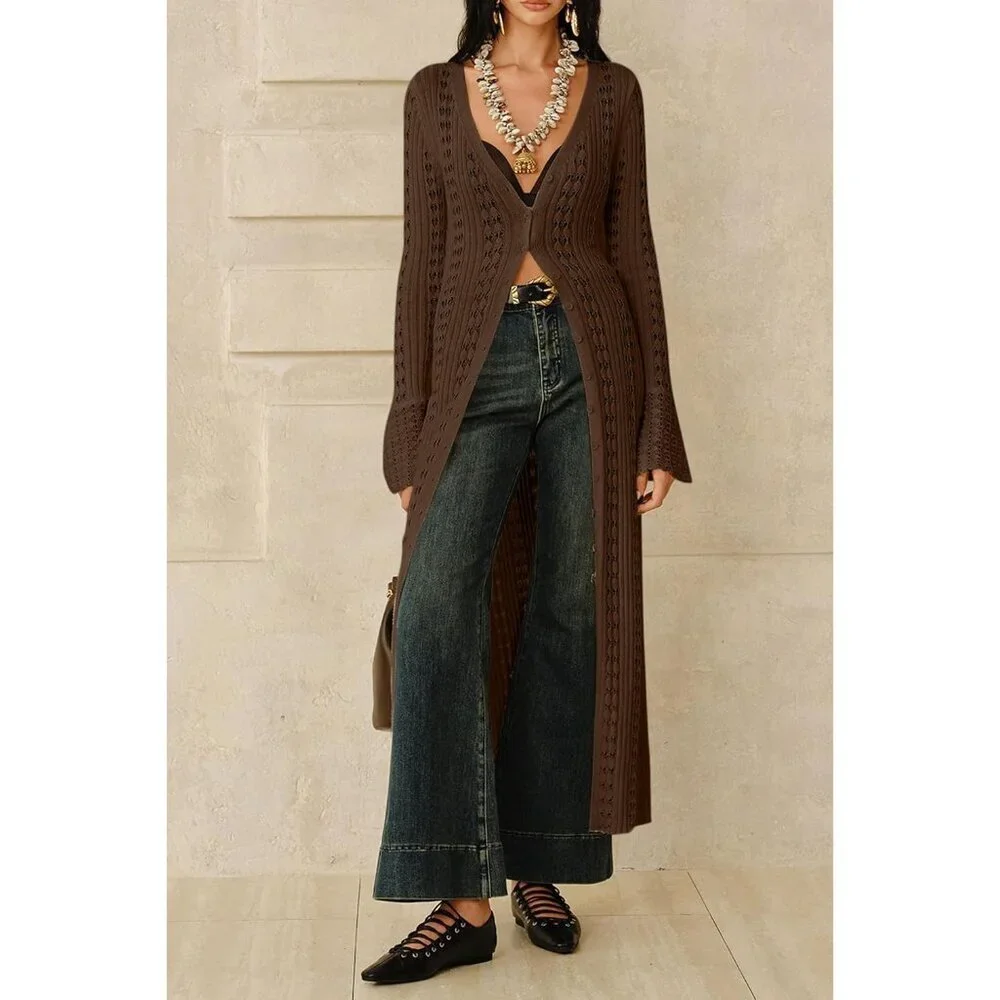 Maxi Long Brown Cardigan Sweaters For Women Sleeve Ruffle Cover Up Fall Dress